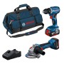 Bosch Professional 18V Werkzeug-Set, 2-teilig mit Bohrschrauber, Winkelschleifer, Akkus, Ladegerät und Werkzeugtasche.