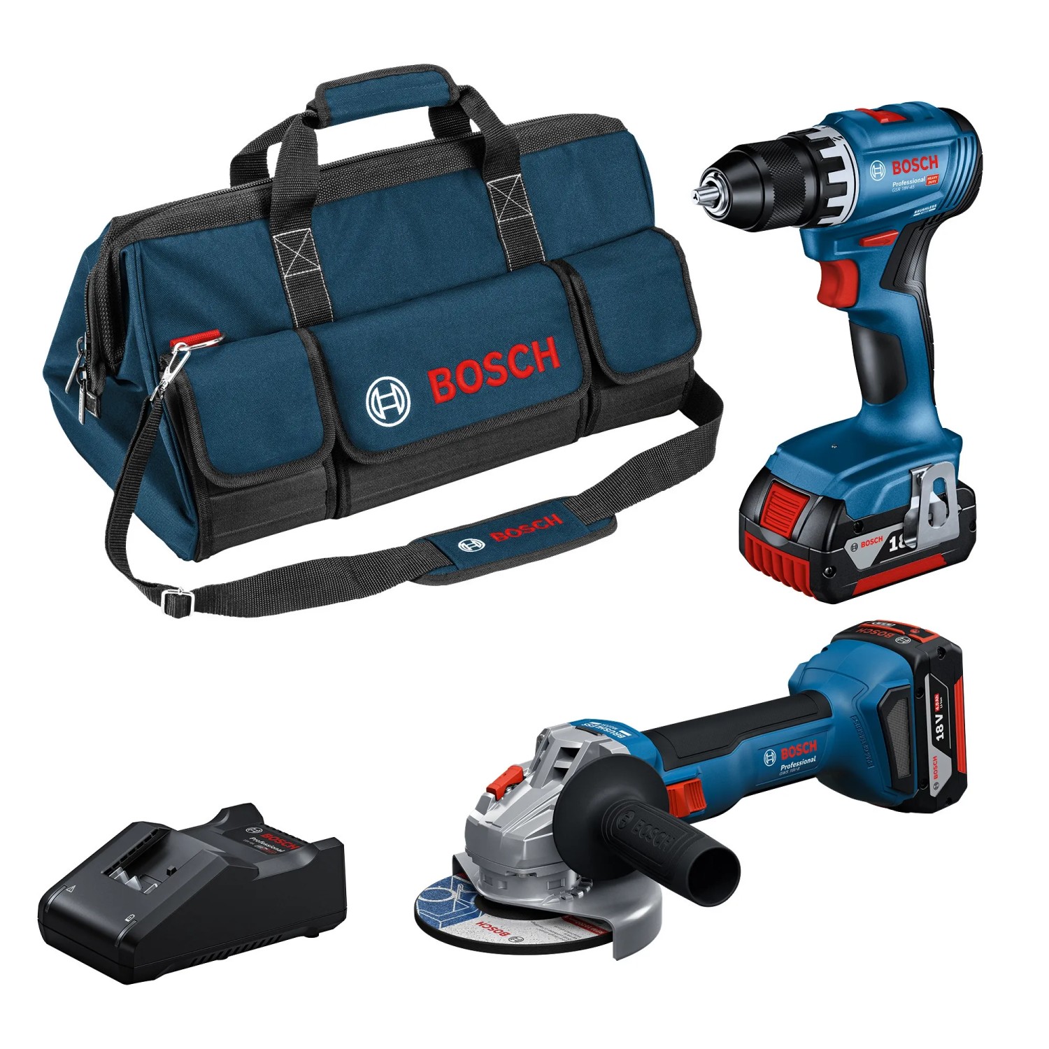 Bosch Professional 18V Werkzeug-Set, 2-teilig mit Bohrschrauber, Winkelschleifer, Akkus, Ladegerät und Werkzeugtasche.