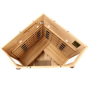 Innenansicht Dewello Infrarotkabine Toronto für 3 Personen aus Hemlock und Zeder mit Vollspektrumstrahler.