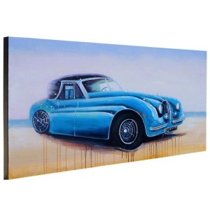 Handgemaltes Ölgemälde: Blauer Oldtimer auf Leinwand, abstrakt mit Farbtropfen. Wandgemälde für Wohnaccessoires.