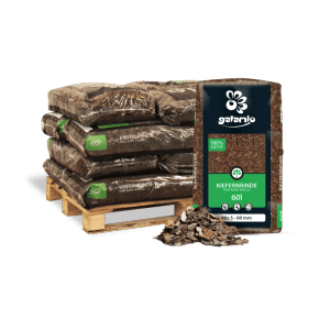 Palette Galamio Rindenmulch Kiefer Mix, 12 Säcke à 60l. Kiefernrinde und Holzfasern für Beet und Garten.