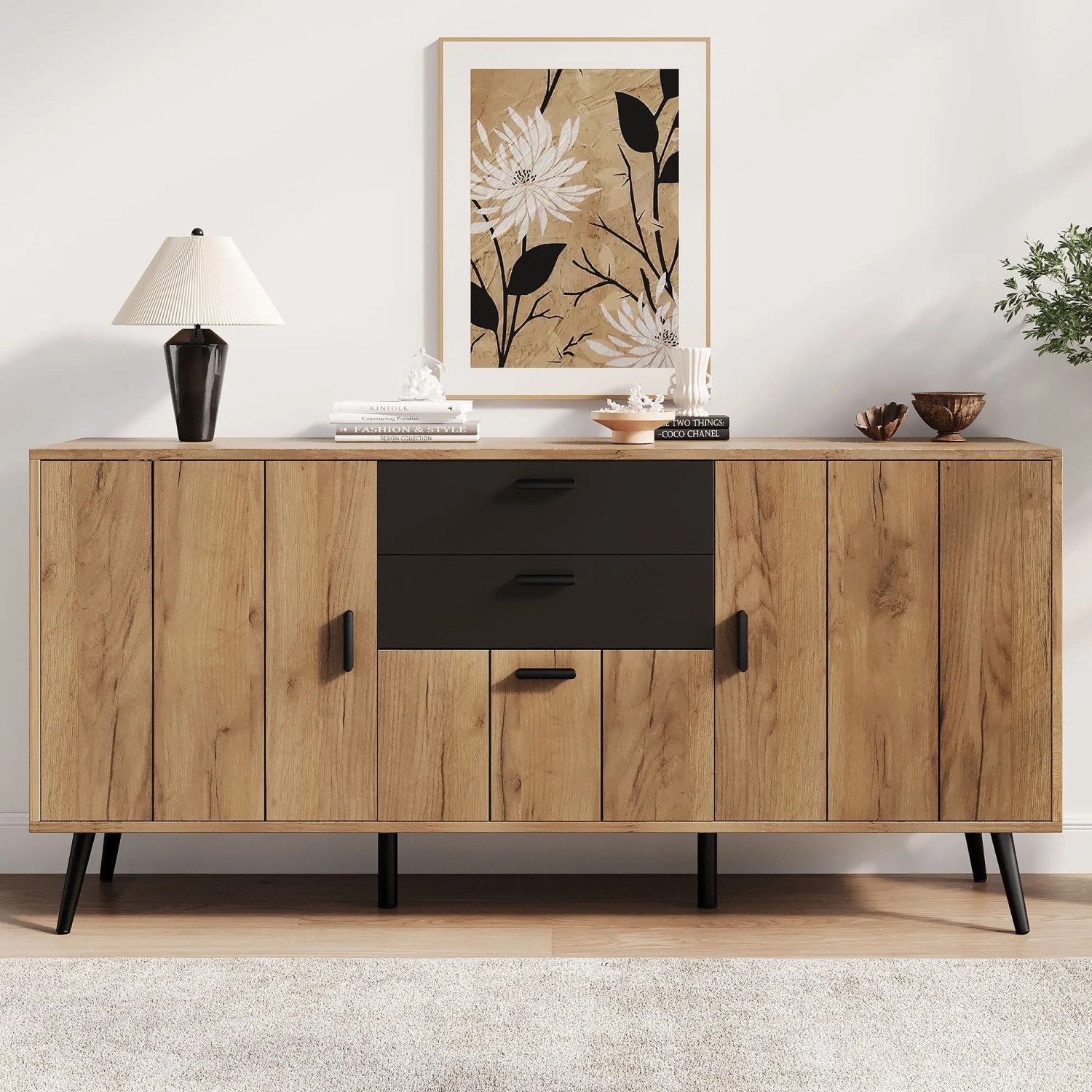 Modernes Merax Sideboard in Holzoptik mit schwarzem Mittelteil, 3 Türen, 2 Schubladen. Stilvolle Aufbewahrung im Wohnzimmer.