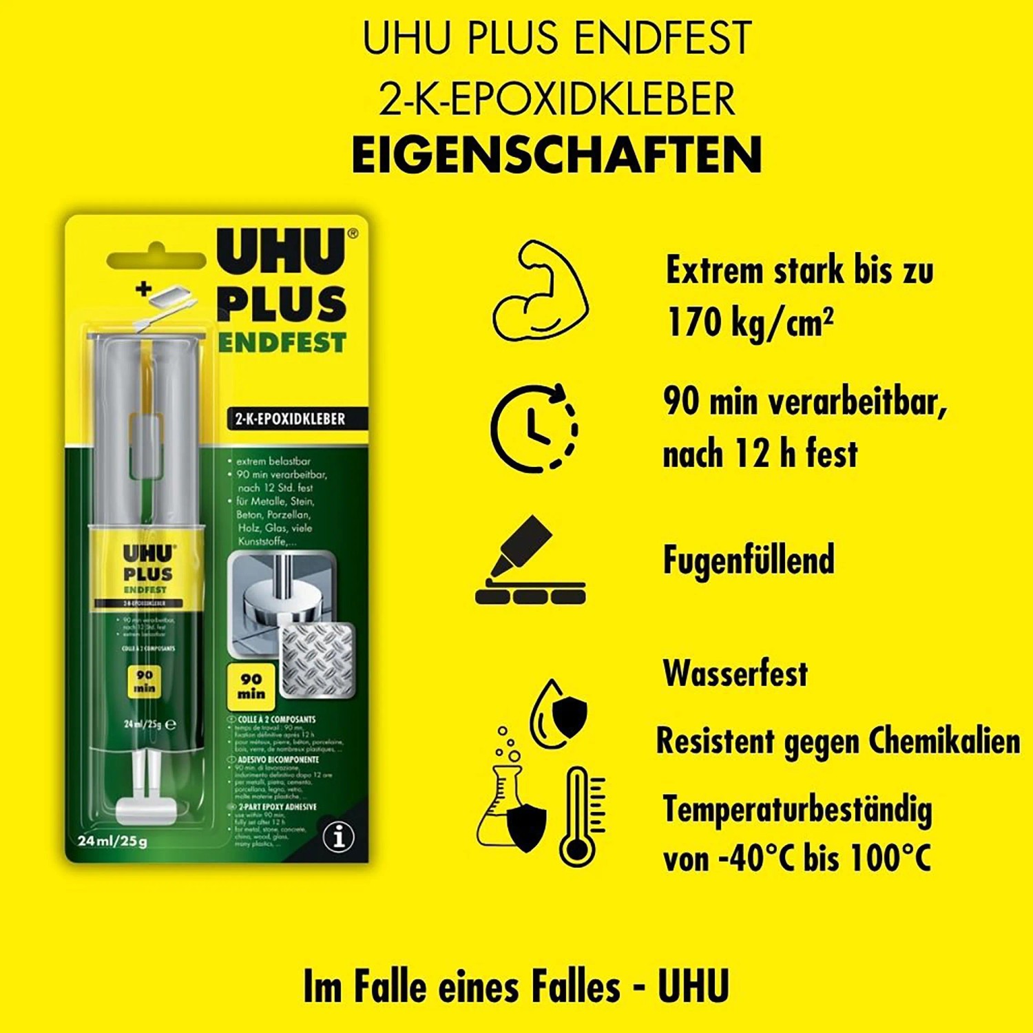 Uhu Plus Endfest 2-K Epoxidkleber in Doppelkammer-Spritze, 25g, für höchste Belastungen.