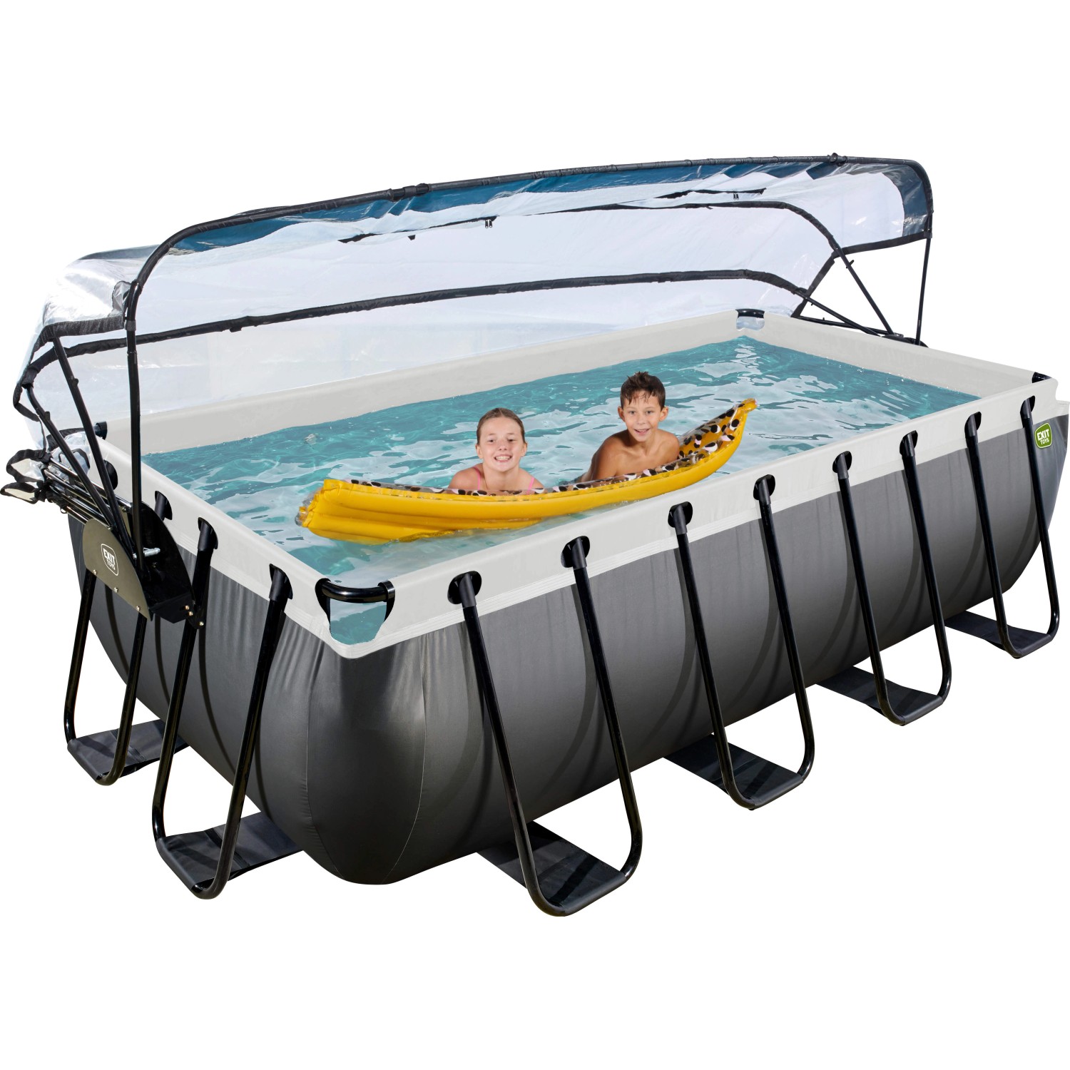 Rechteckiger Exit Black Leather Pool 400x200 mit Abdeckung und Sandfilterpumpe. Kinder im Pool.