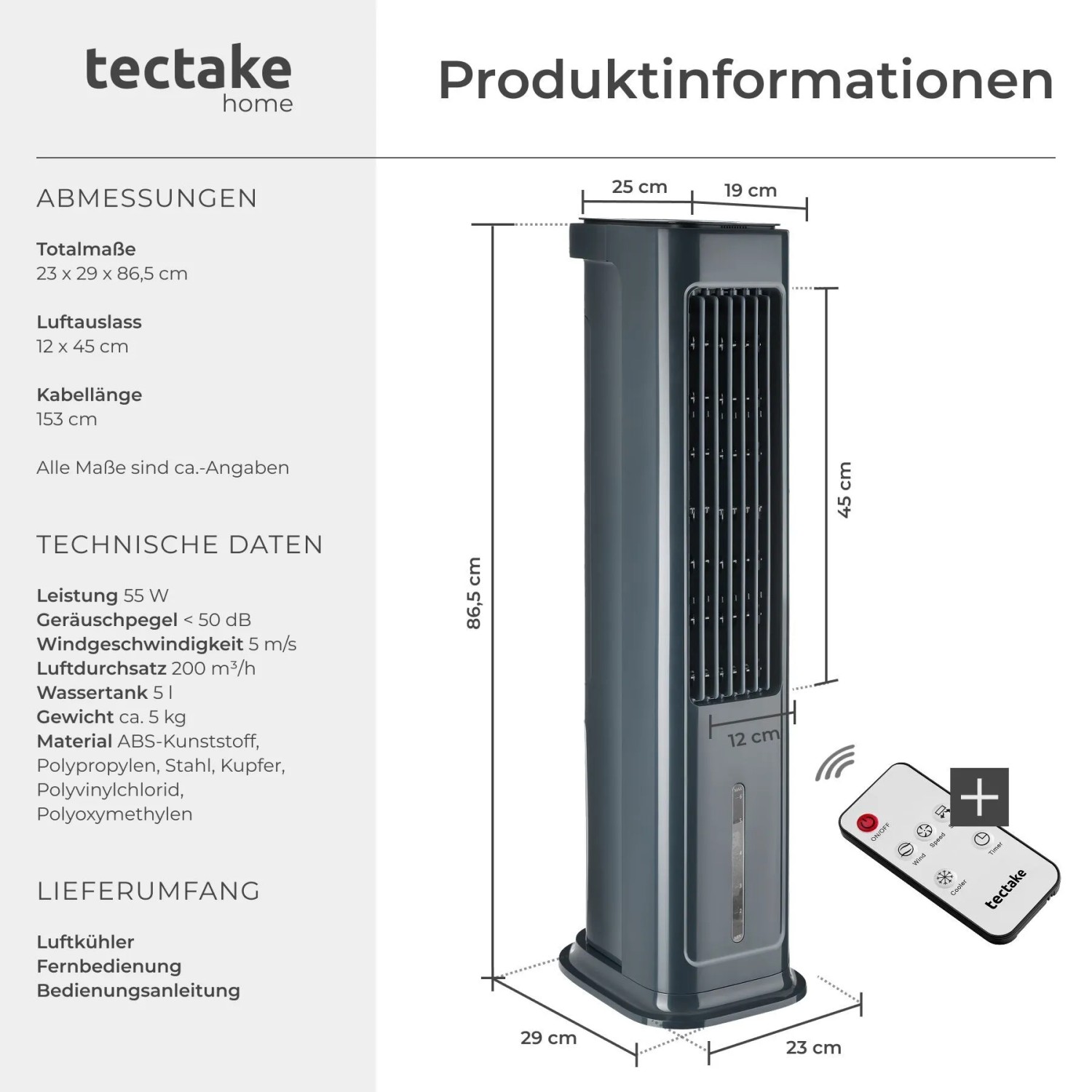 Tectake Luftkühler Alaska, anthrazit, mit Fernbedienung und Maßangaben.