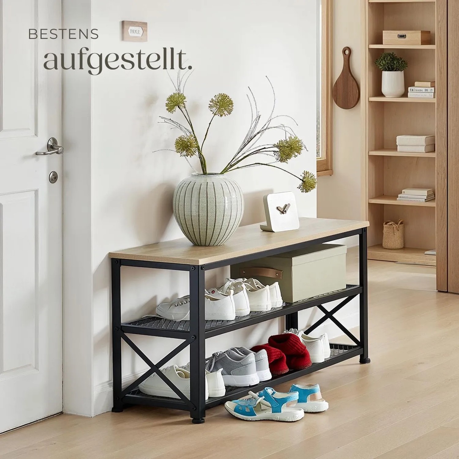 Tectake Schuhregal Blackpool Industrial Style Holz und Stahl 101 x 30 50 x 45 50 cm Industrial Holz Hell Eiche Sonoma_8