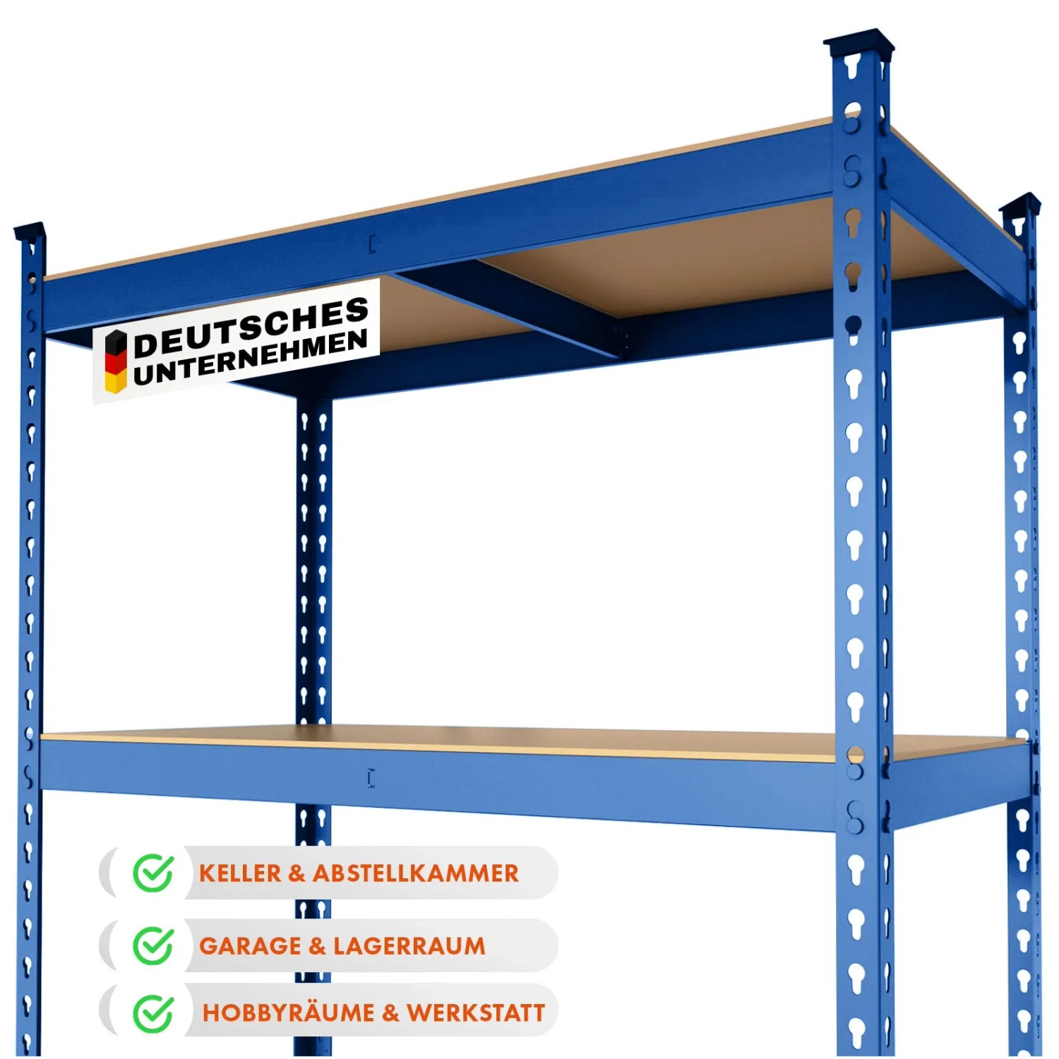 Blaues KARAT Schwerlastregal Rhino mit 5 Böden, ideal für Garage, Keller oder Werkstatt. Tragkraft bis 1050 kg.