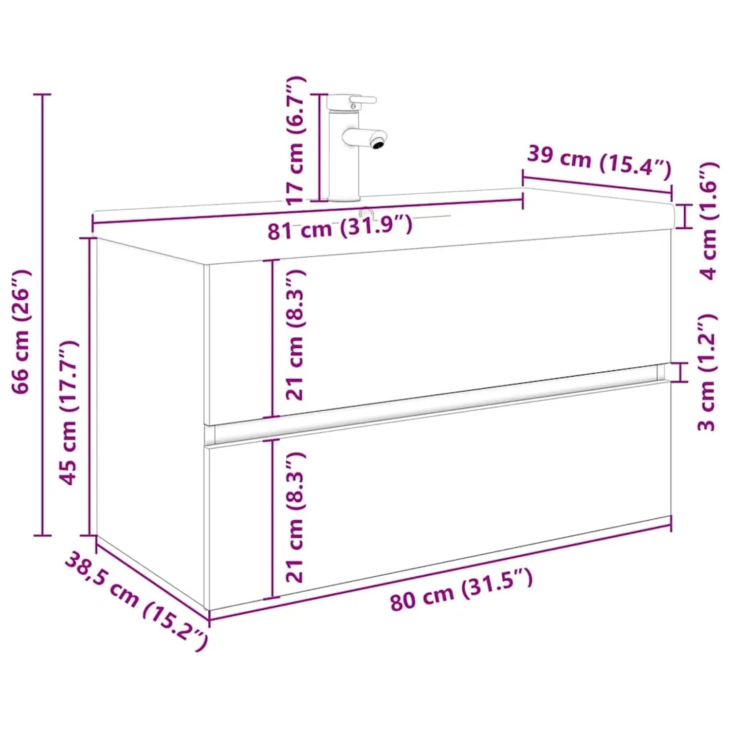 Waschbeckenunterschrank mit Einbaubecken, Wasserhahn und zwei Schubladen. Maße: 80x38,5x66 cm. Wandmontage.