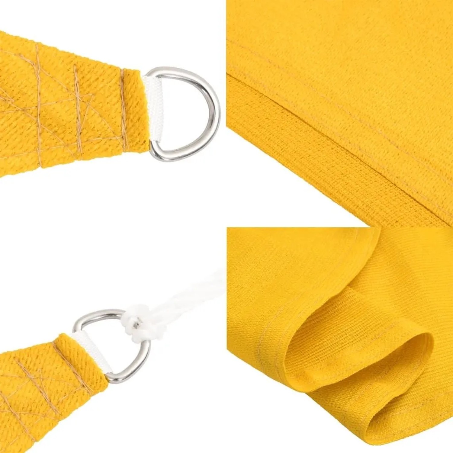 Gelbes vidaXL Sonnensegel aus HDPE. Detailansicht von gewebtem Stoff, Edelstahl D-Ring und Befestigungsseil.