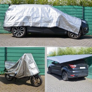 Silbernes AMANKA Aluminium Schattennetz 2x2m als Sonnenschutz für Fahrzeuge und Heckzelt.