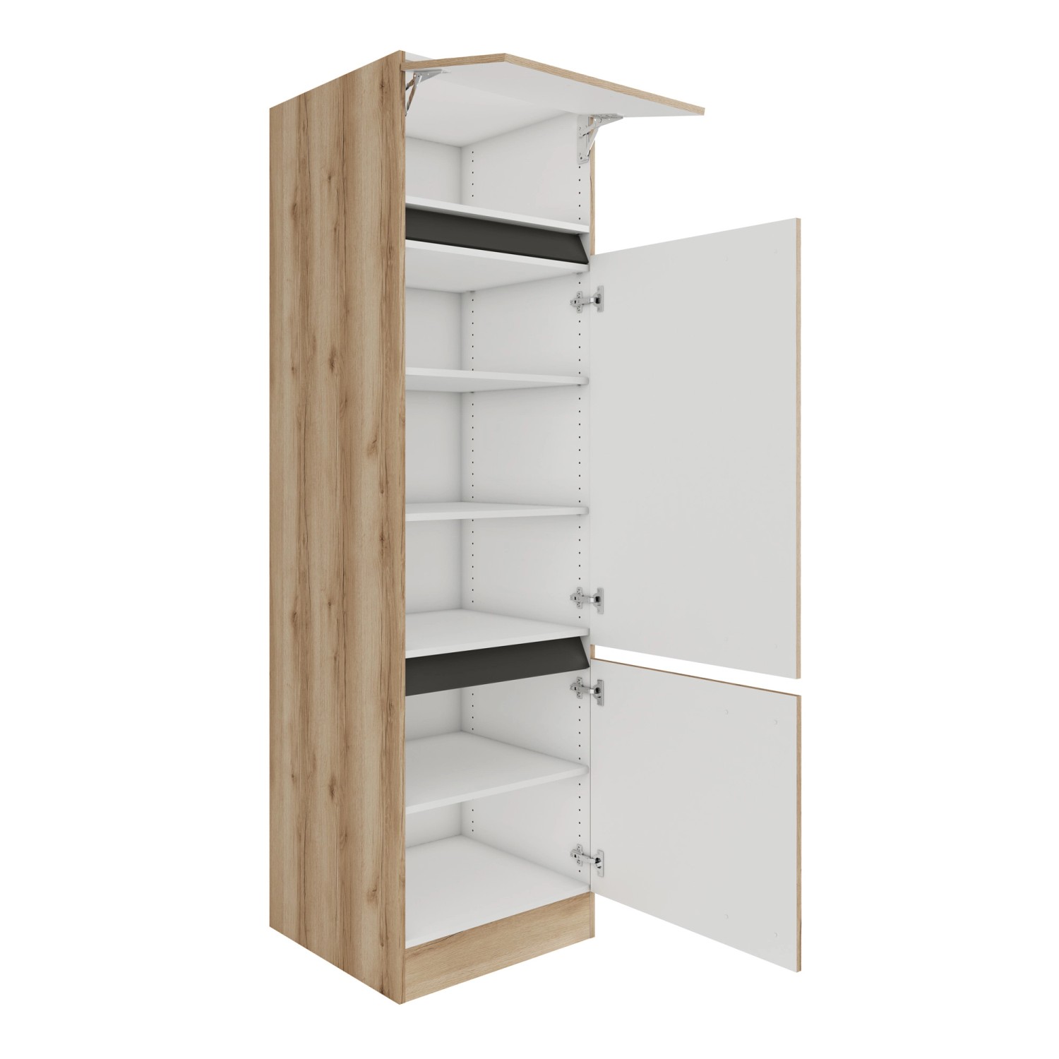 Optifit Hochschrank Kaya290 in Wildeiche Nachbildung, 60x207 cm, mit offenen Türen und Einlegeböden.