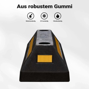 Robuster schwarzer Gummi Radstopper mit gelben Reflexstreifen. Perfekt als Einparkhilfe oder Anfahrschutz für Garage.