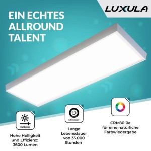 LUXULA LED Panel 36W 3000K Warmweiß Rasterleuchte 120x30cm Inklusive Aufbaurahmen Weiß Deckenlampe mit Netzteil