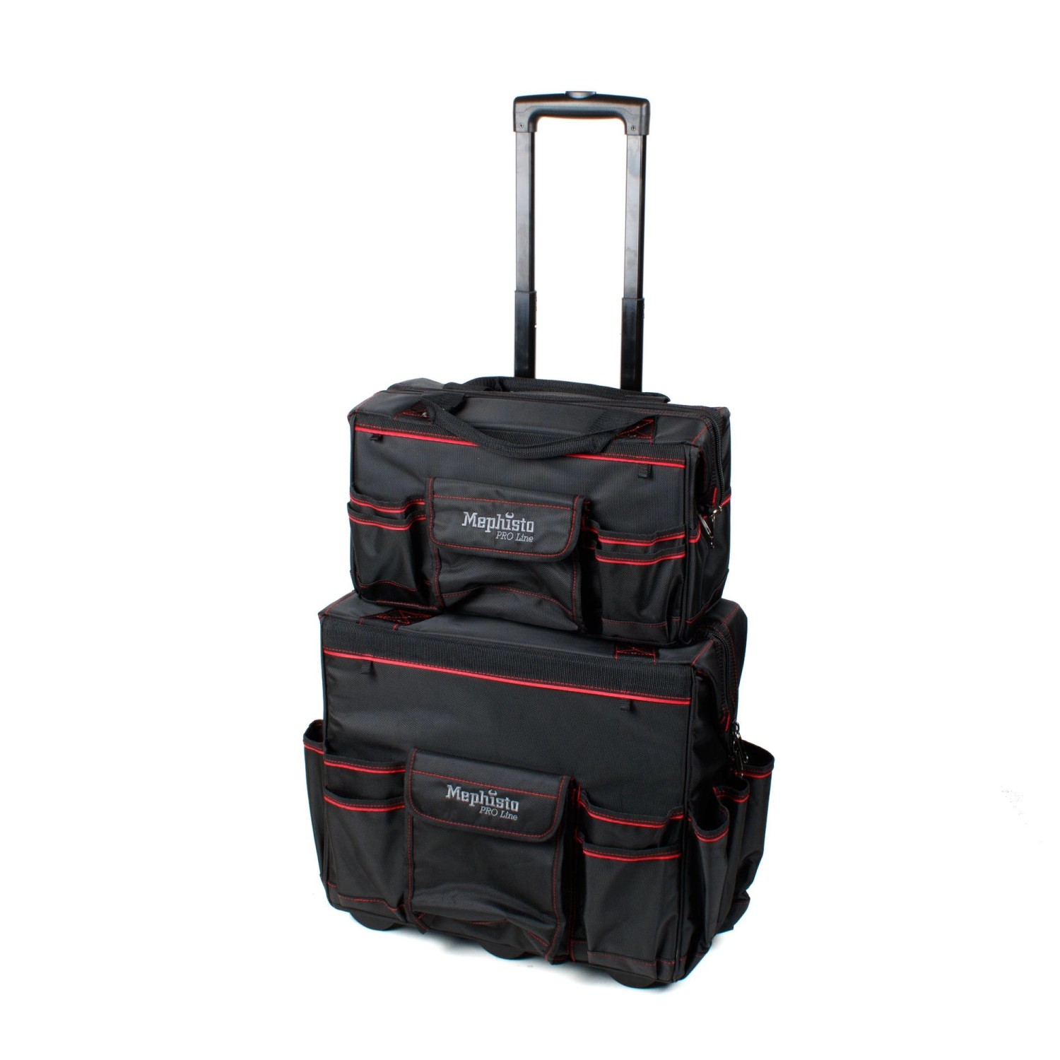 Mephisto Werkzeugtrolley Nova, schwarz/rot, mit Teleskopgriff und mehreren Taschen. Ideal für Handwerker.