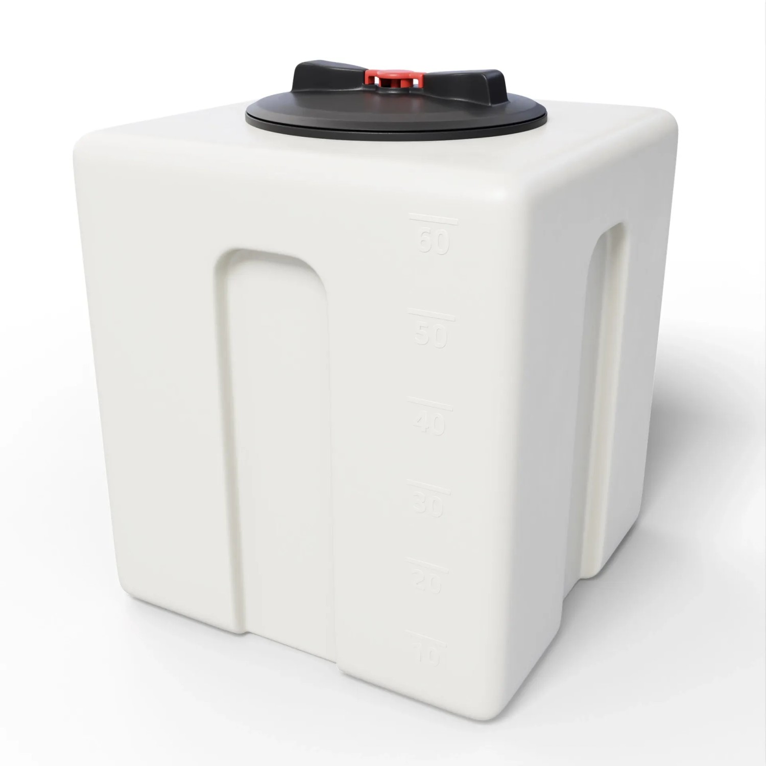 Weißer 60L Kubus Trinkwasser Wassertank mit schwarzem Deckel, geeignet für Regentonnen & Wasserzapfstellen.