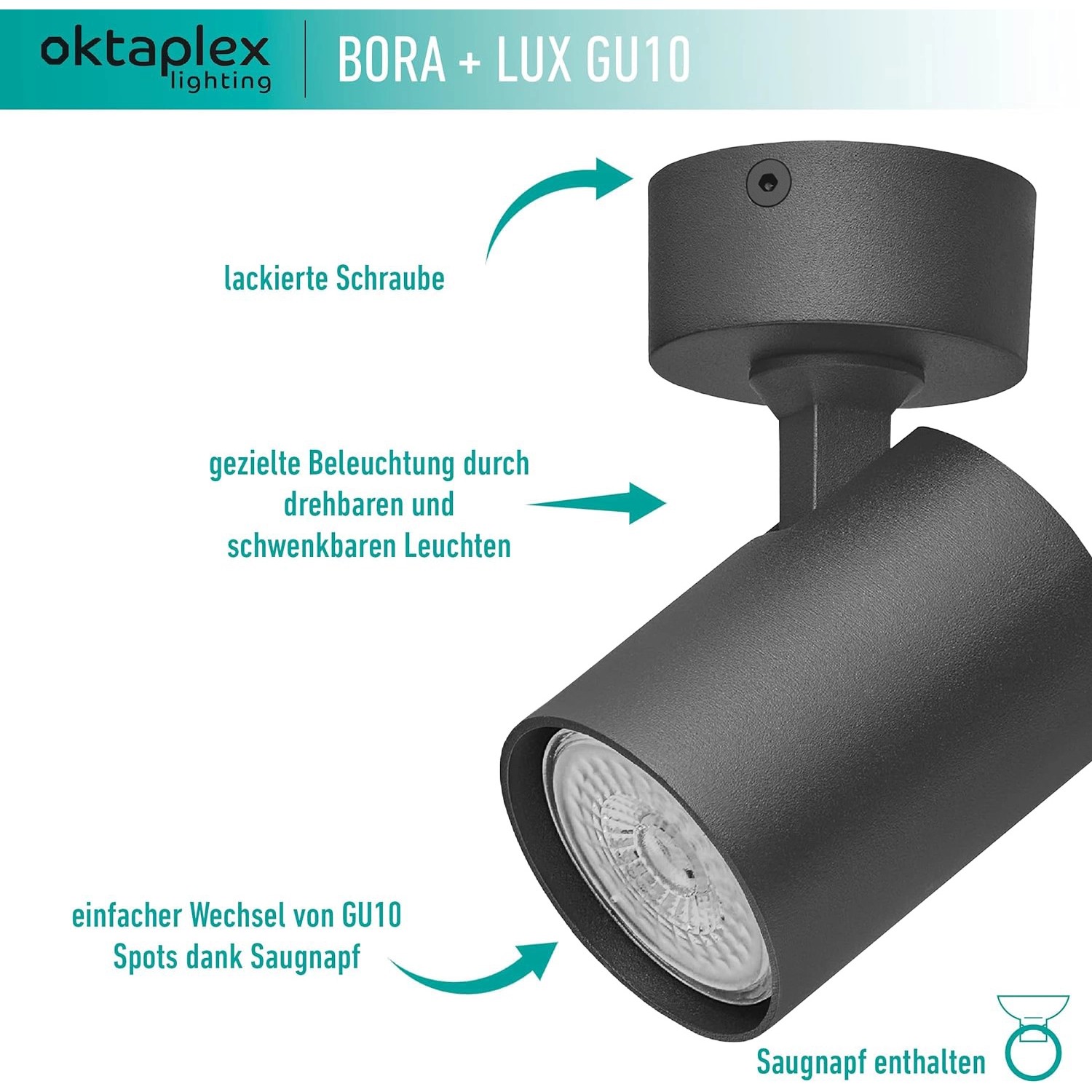 Schwarzer, dimmbarer Oktaplex Bora LED Deckenstrahler mit GU10 Leuchtmittel, schwenkbar.