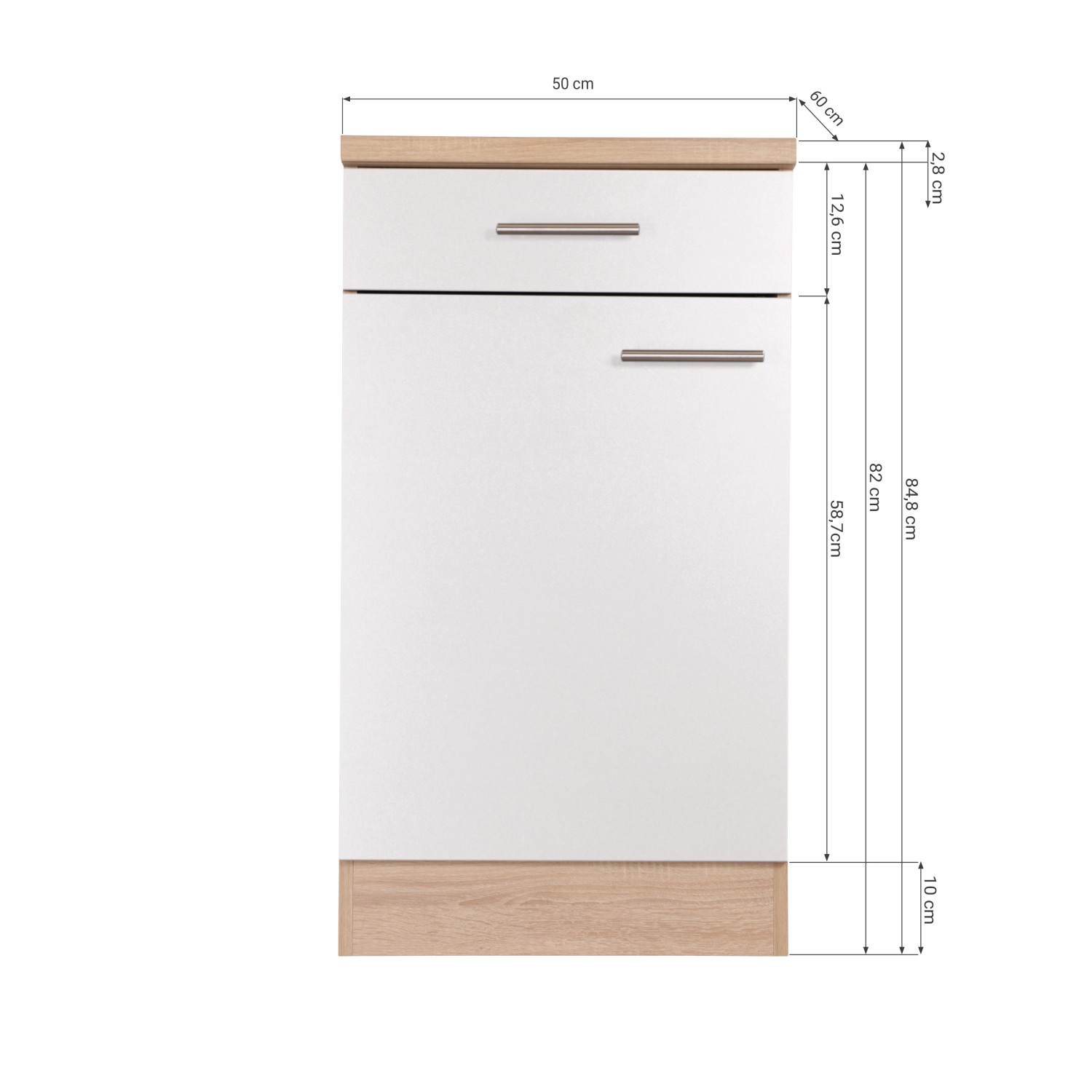 Respekta Unterschrank Merle, 50 cm, Grau/Eiche Optik, mit Schublade und Tür.