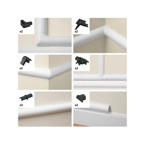 D-Line Kupplung Zubehör-Set 16x8 mm, schwarz, verschiedene Anwendungsbeispiele am Kabelkanal.