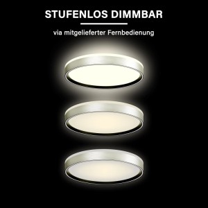 MegaLight Shining Pluto 40 LED-Deckenleuchte aus gebürstetem Alu. Drei Leuchten demonstrieren stufenlose Dimmbarkeit & Farbtemperatur.