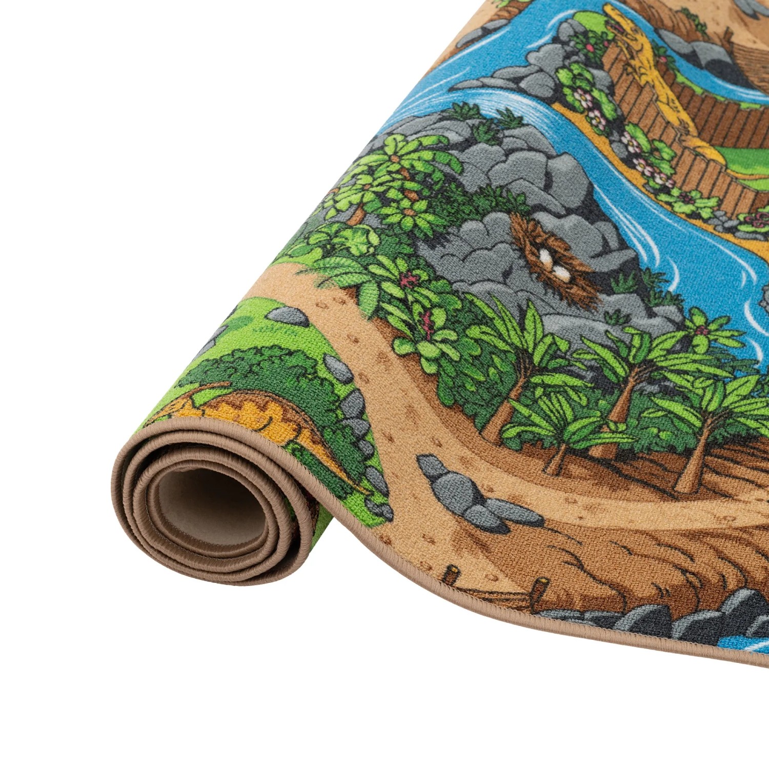 Gerollter, türkiser Snapstyle Kinder Straßenteppich 100x200cm mit Dschungel-Motiv.