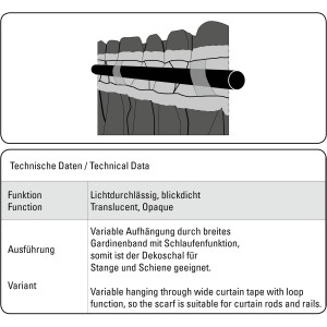 Bennetti Schal Silbergrau, Strukturdeko mit Gardinenband für Stange und Schiene.