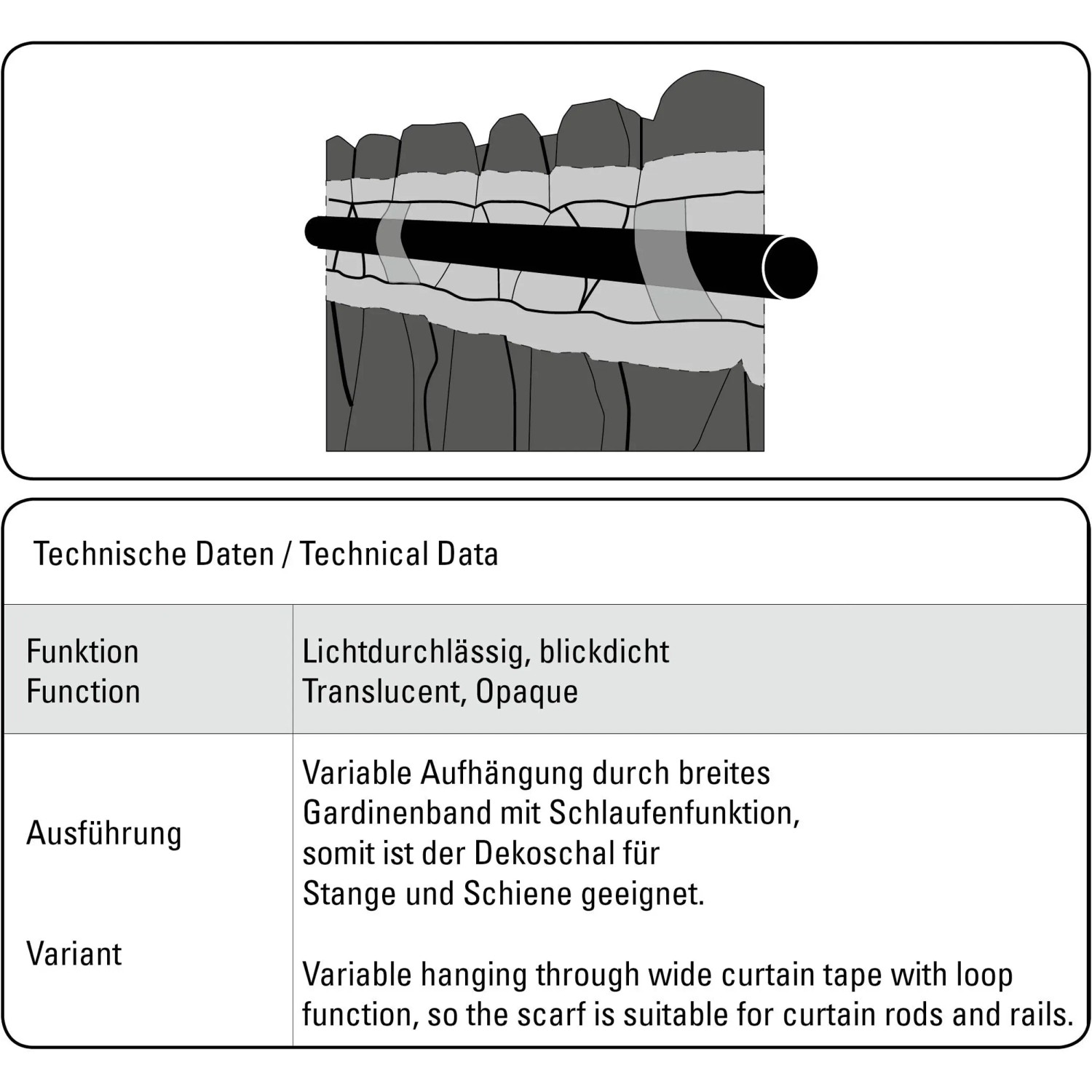 Bennetti Schal Silbergrau, Strukturdeko mit Gardinenband für Stange und Schiene.