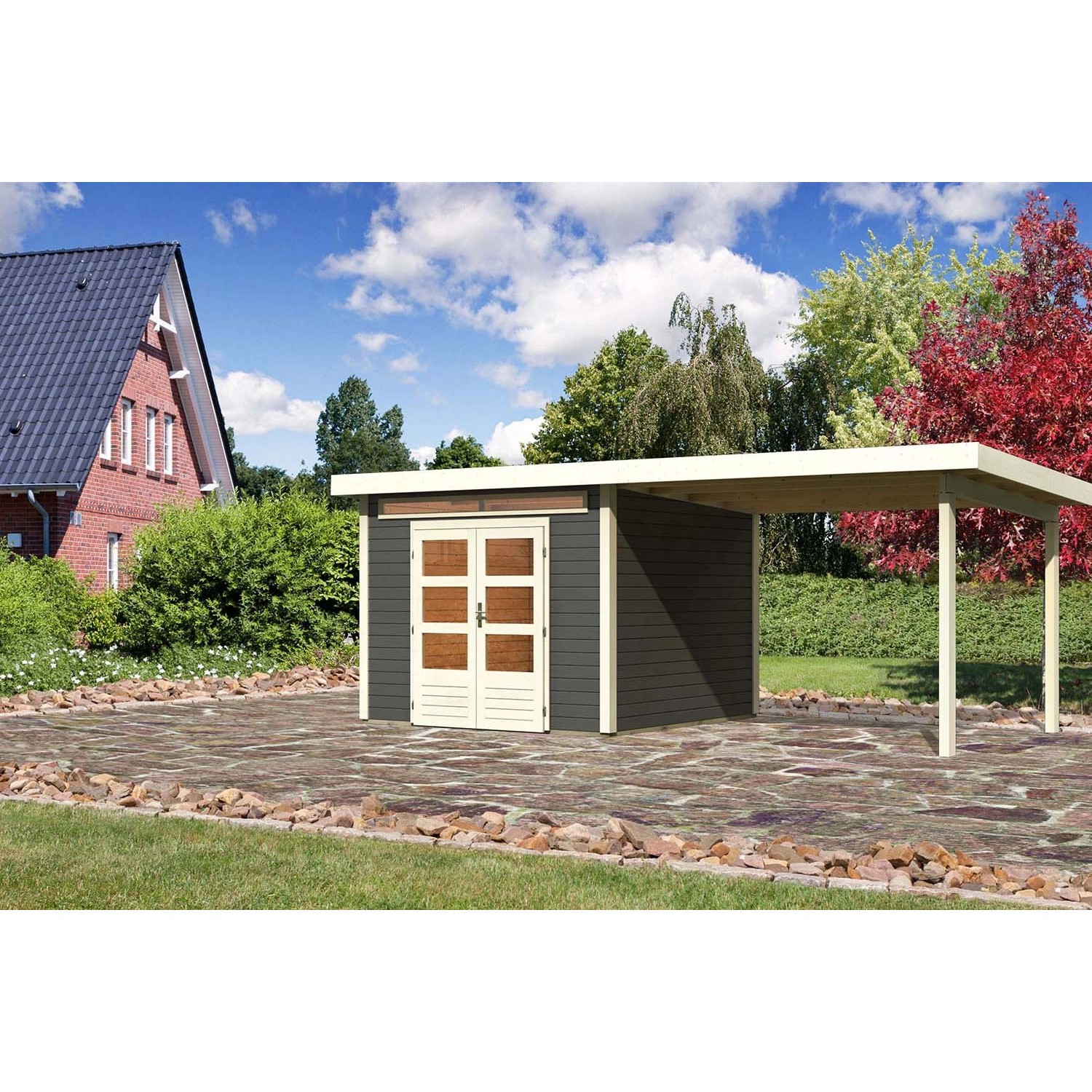 Karibu Holz-Gartenhaus Kumla 6 Terragrau Pultdach Lackiert 270 cm x 270 cm günstig online kaufen