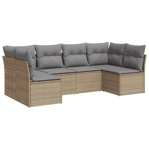 Beige 6-tlg. Garten-Sofagarnitur aus Polyrattan mit grauen Kissen. Modulare Bauweise.