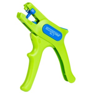 WEICON Abisolierzange No. 5 Green Line, automatische Zange mit grünem Griff und blauem Einstellrad.