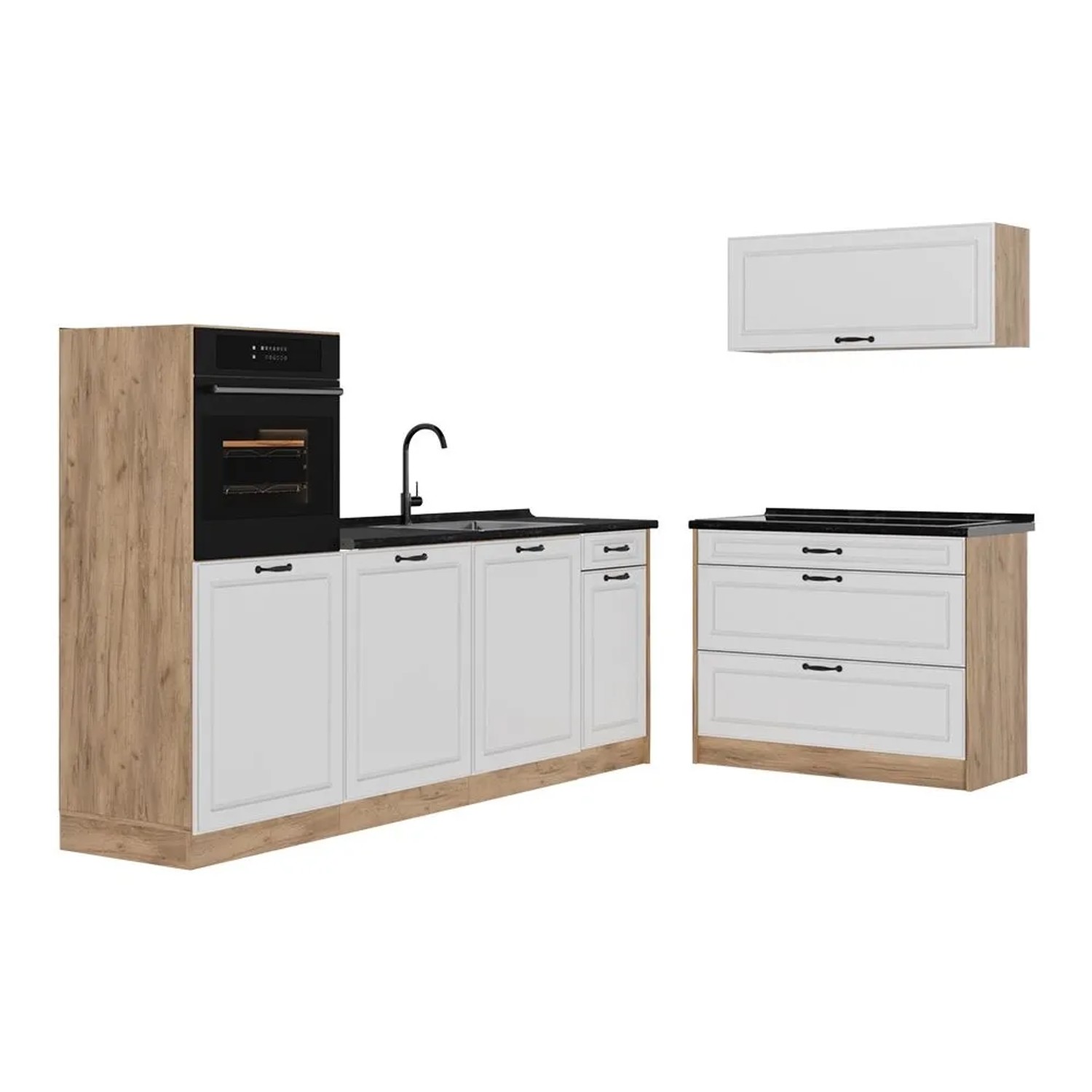 Vicco Küchenzeile R-Line Weiß Landhaus/Goldkraft Eiche 220 x 143 ohne Arbeitsplatte Art Nr 68133