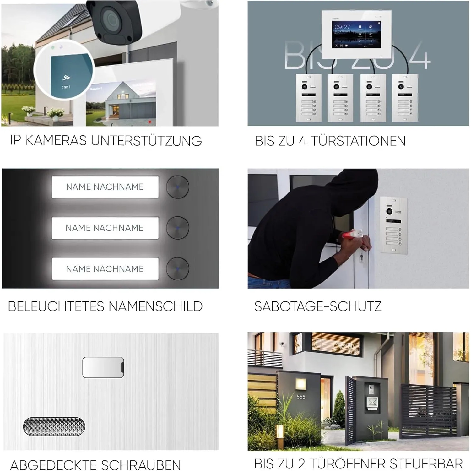Details der Balter EVO-HD Video-Türsprechanlage: IP-Kamera, Türstationen, Namensschild, Sabotageschutz, Türöffner.