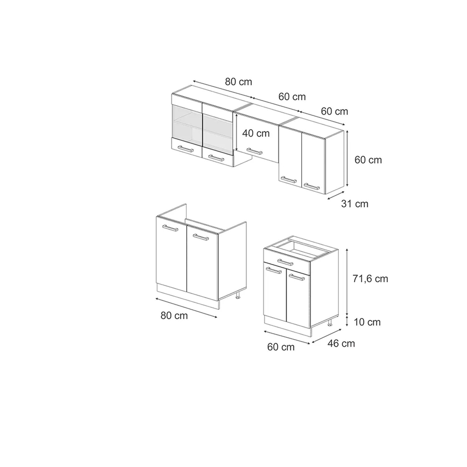 Skizze der Vicco R-Line Komplettküche in Schwarz Beton/Weiß, 200 cm, ohne Arbeitsplatte mit Maßangaben.