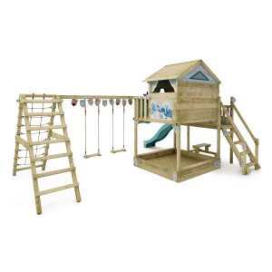 Wickey Disney Saga Spielturm mit Rutsche, Schaukel und Klettergerüst in Pastellblau.