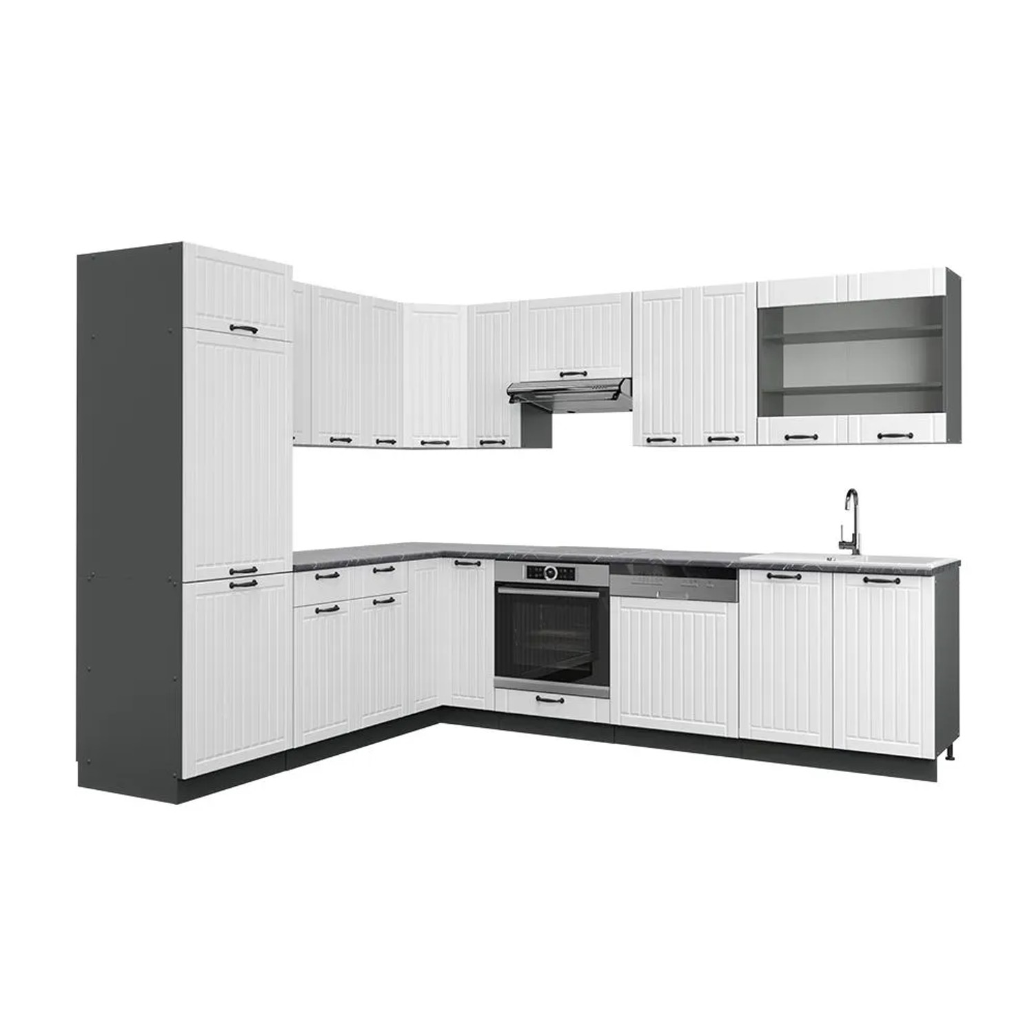 Vicco Eckküche Fame-Line Weiß Landhaus/Anthrazit 287 x 82 ohne Arbeitsplatte