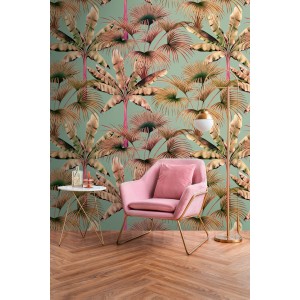 A.S. Creation Fototapete Palmenblätter in Grün, Rosa und Beige im Raum.