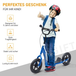 Blauer HOMCOM Kinderroller mit Hinterbremse. Kind mit Helm gibt Daumen hoch.