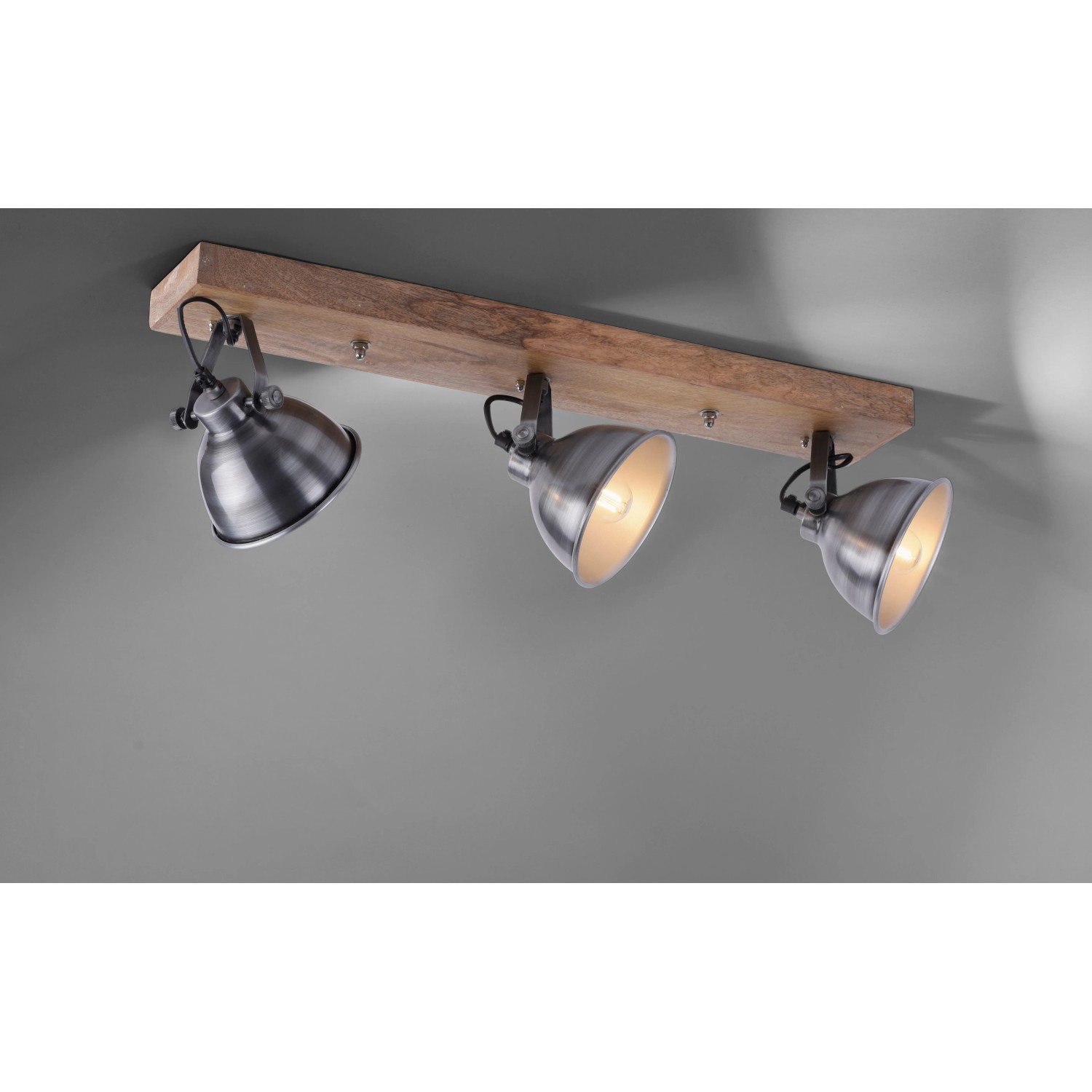 Just Light Wand- und Deckenleuchte Samia, 3-flammig, Eisen und Holz, Spots drehbar.