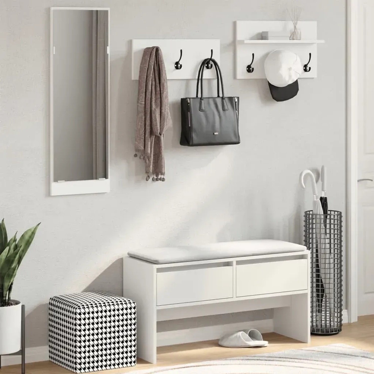 vidaXL Flurmöbel-Set, 4-teilig, weiß: Schuhbank, Spiegel und Garderobenleisten für einen einladenden Eingangsbereich.