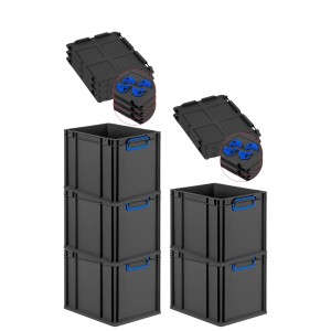 PROREGAL SparSet 5x Eurobox Nextgen Color Mit Auflagedeckel HxBxT 32x30x40cm 30 Liter Schwarz Griffe Blau Geschlossen Eurobehälter Transportbox