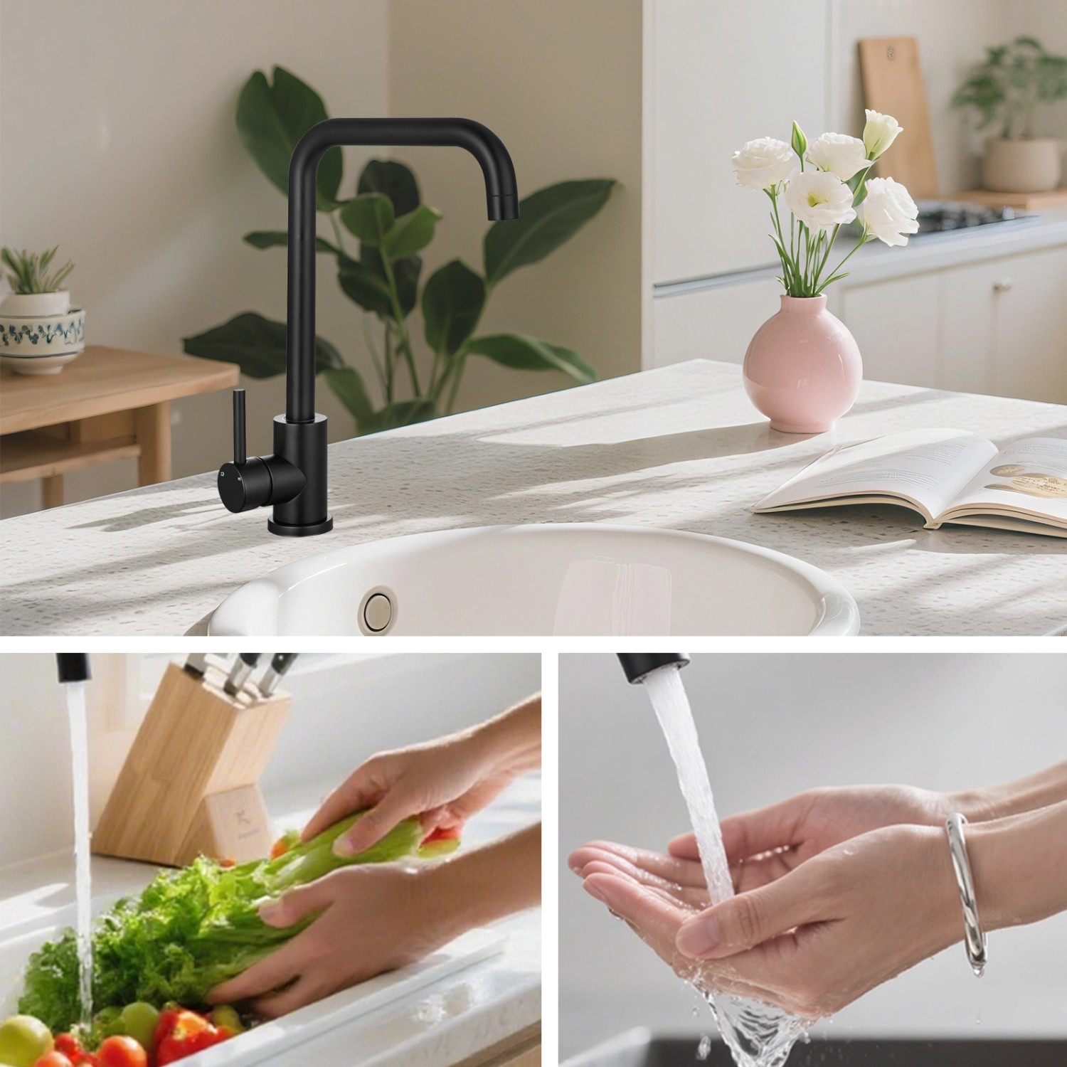 AICA Wasserhahn 360° Drehbare Wassersparende Schwarz Küchenarmatur Hochdruckfestes Design aus 304 Edelstahl Gefertigt Kaltes/Warmes Wasser_3