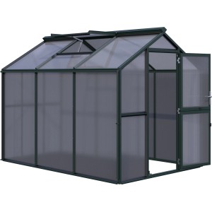 KGT Gewächshaus Galant III, tannengrün, 6,65 m² mit geöffneter Tür und Dachfenster.