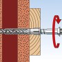 Fischer SXRL 10x120 Dübel mit Schraube im Mauerwerk, Funktionsweise dargestellt.