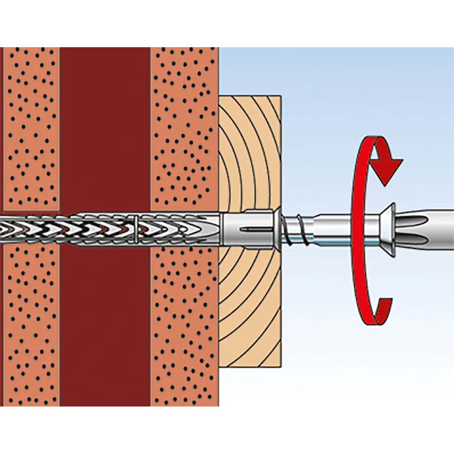 Fischer SXRL 10x120 Dübel mit Schraube im Mauerwerk, Funktionsweise dargestellt.
