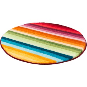Runder, mehrfarbiger Meusch Badteppich Funky, Ø 80 cm. Bunte Streifen in Rot, Orange, Grün, Blau und Gelb.