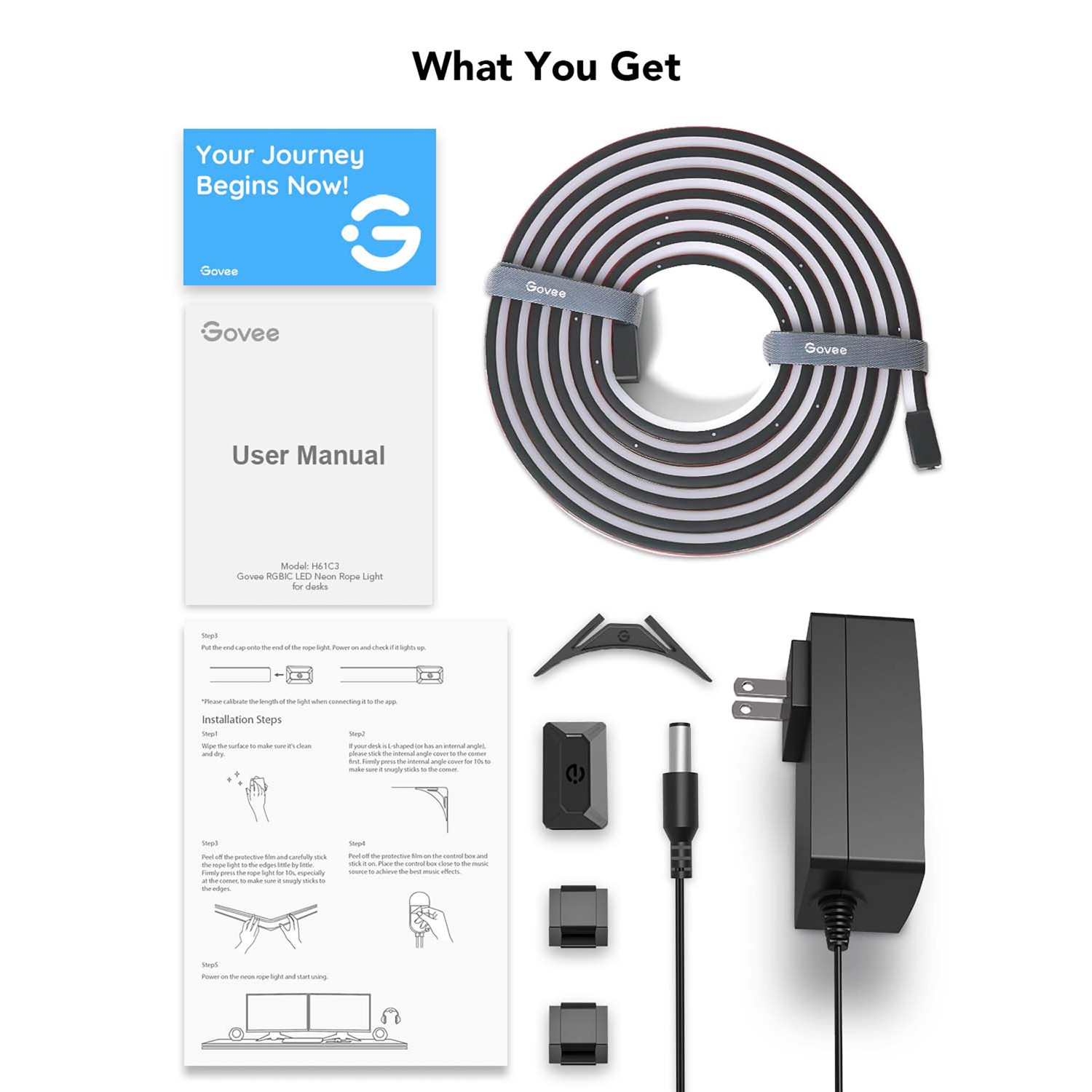 Govee LED Neon Seilzugleuchte H61C3 für Tische, Zubehör und Anleitung im Set.