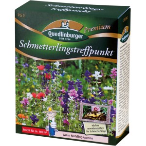 Quedlinburger Saatgut Schmetterlingstreffpunkt, 100g Packung mit bunter Blumenmischung für Schmetterlinge.