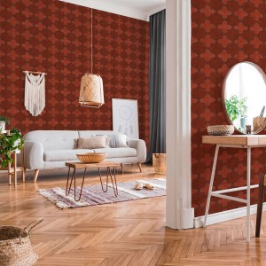 Wohnzimmer mit Bricoflor Mosaik Tapete in Orange-Rot mit marokkanischem Fliesenmuster.