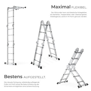 Silberne Tectake Aluminium Mehrzweckleiter in drei flexiblen Konfigurationen: Anlegeleiter, Stehleiter, M-Form. Stabil & vielseitig.