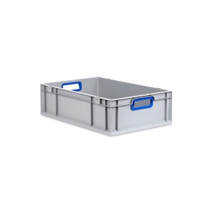 Graue PROREGAL Eurobox mit blauen Griffen, 17x40x60 cm, ideal zur Aufbewahrung.