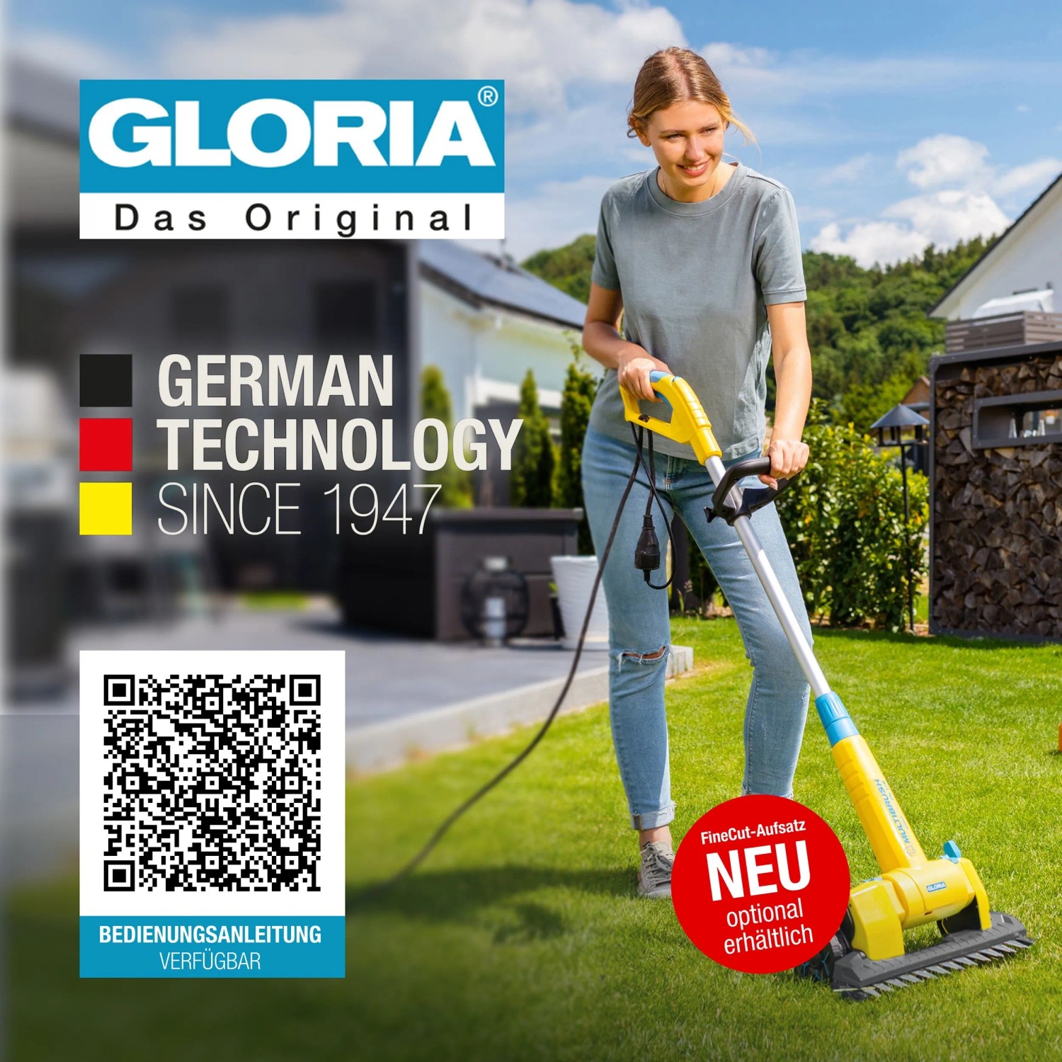 Frau nutzt Gloria MultiBrush speedcontrol Plus Elektro-Oberflächenbürste im Garten zur Rasenpflege.